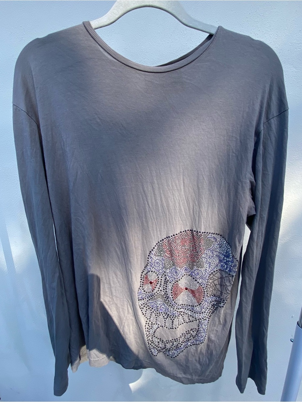 Y2K JAGGED Grey Rhinestone Skull Long Sleeve Size Large